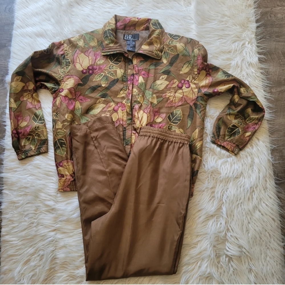 Vtg EVR Rousso Apparel 100% Silk Brown Track Suit Bomber Jacket & Pants Sz S